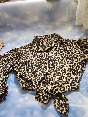 glam Black and Tan Leopard Print Top With Long Front Tails For Tying.